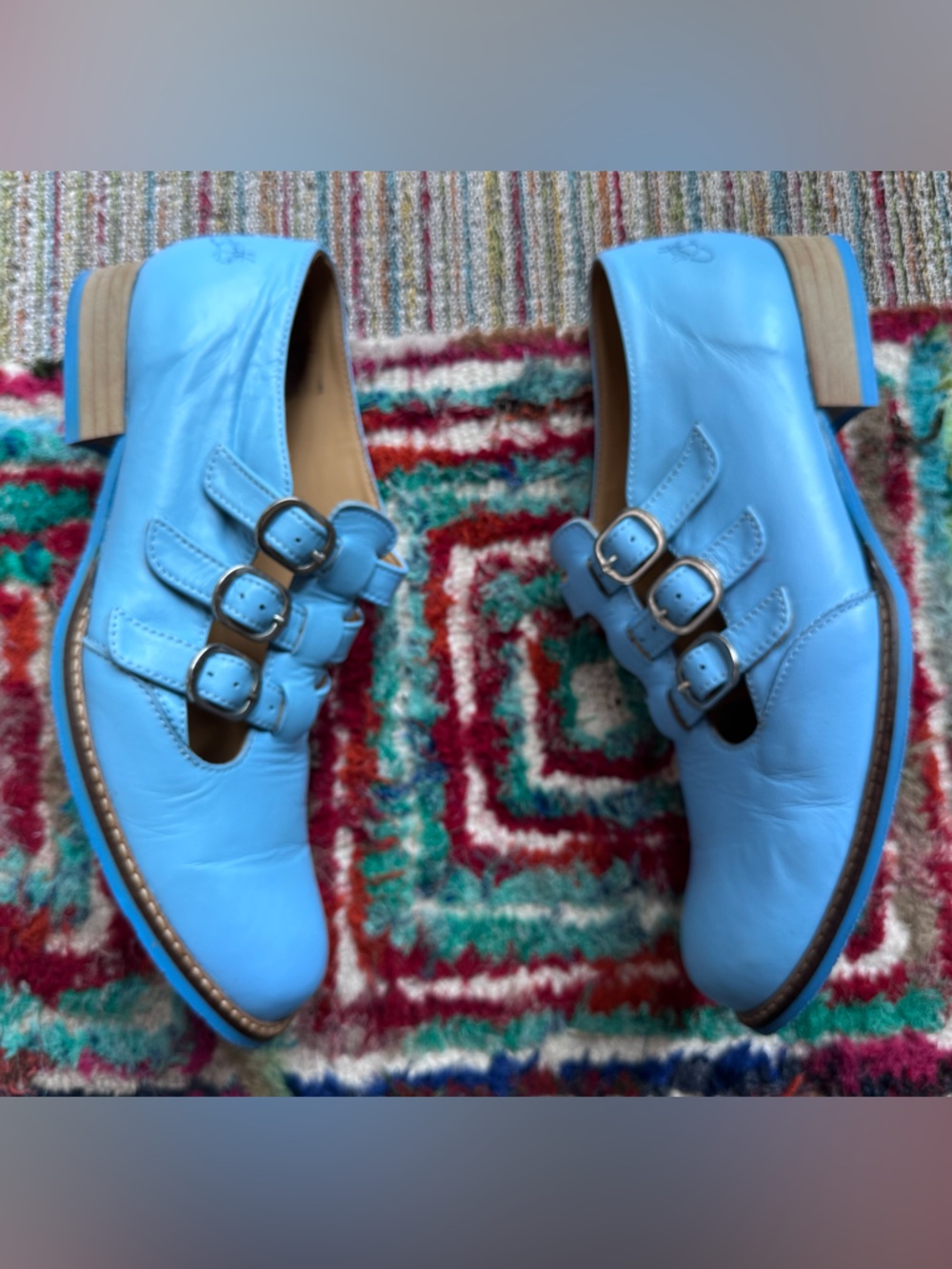 Fluevog EXCELLENT Biblio McPhee baby blue leather triple t-strap buckle shoe -12 - Picture 9 of 16